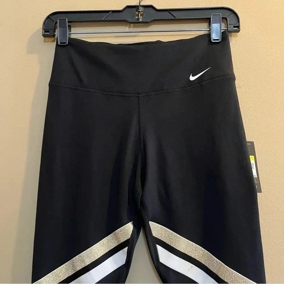 Nike Dri-Fit NWT Women's Black Gold White Icon Striped Training Tights Leggings - Picture 4 of 11